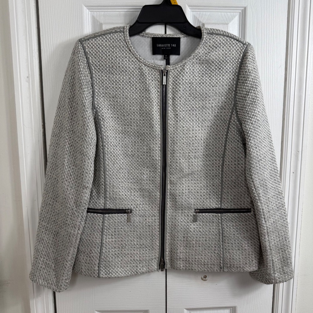 Lafayette 148 Zip Front Jacket M Grey Textured Tweed Quiet Luxury Office Chic